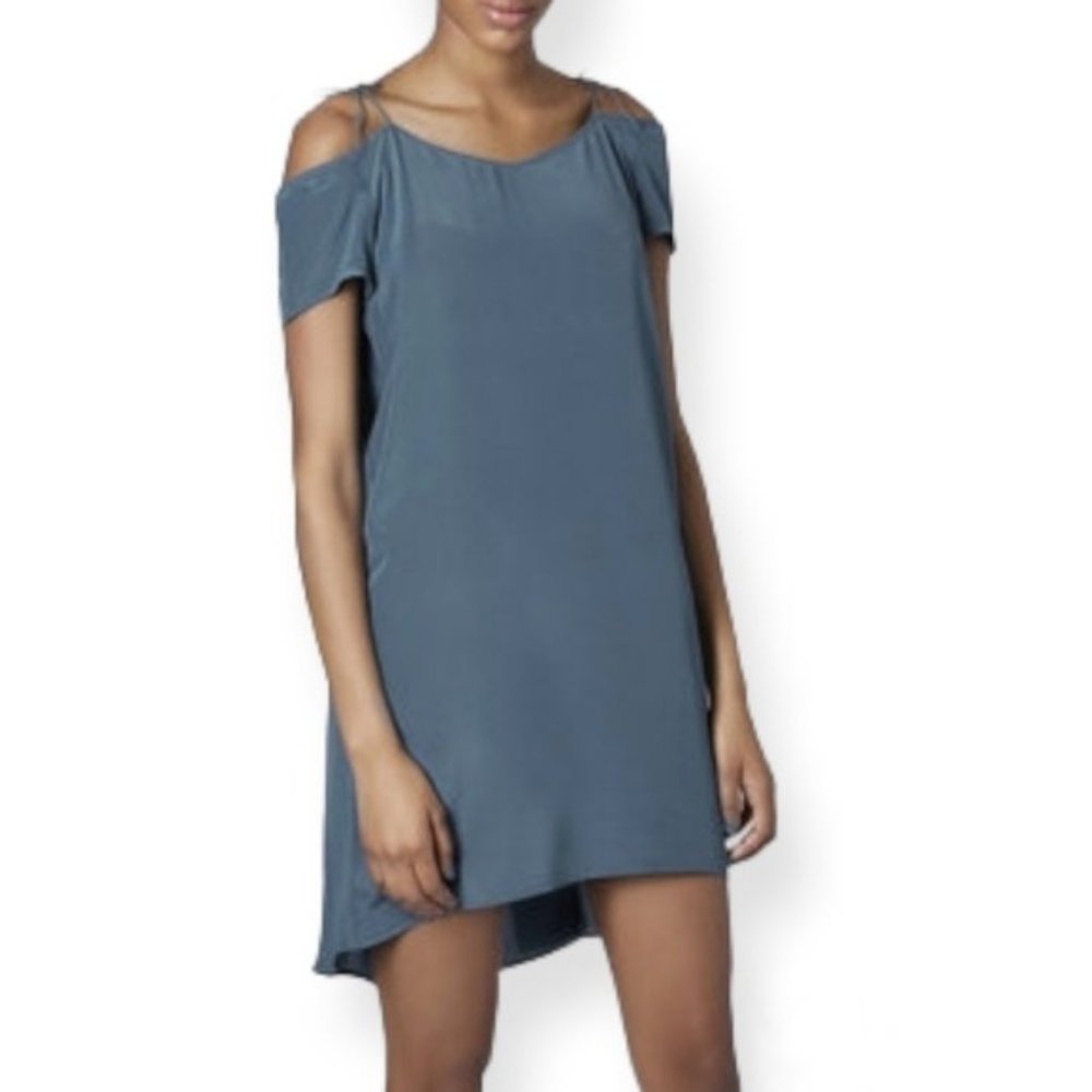 Topshop Boutique Blue Silk Off-Shoulder Shift Dress